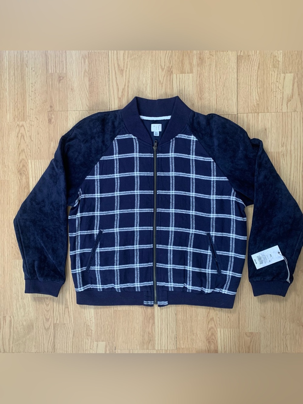A New Day Womens Size XL Bomber Jacket Suede Sleeves Navy Blue Zip Lined Pockets